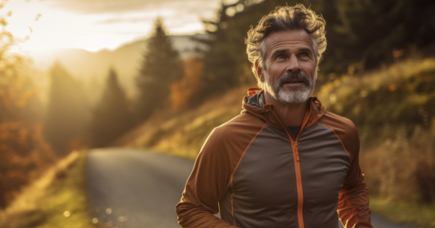 An athletic older man in a zip jacket running on a road that traverses picturesque mountains with pine trees in the background