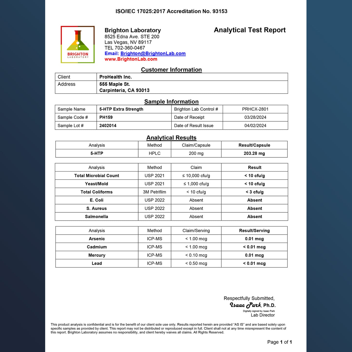 5-HTP Extra Strength Certificate of Analysis