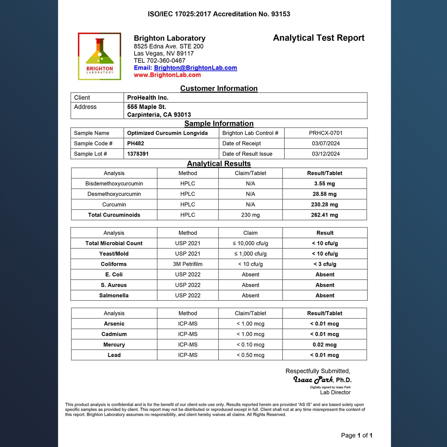 Optimized Curcumin Longvida Certificate of Analysis