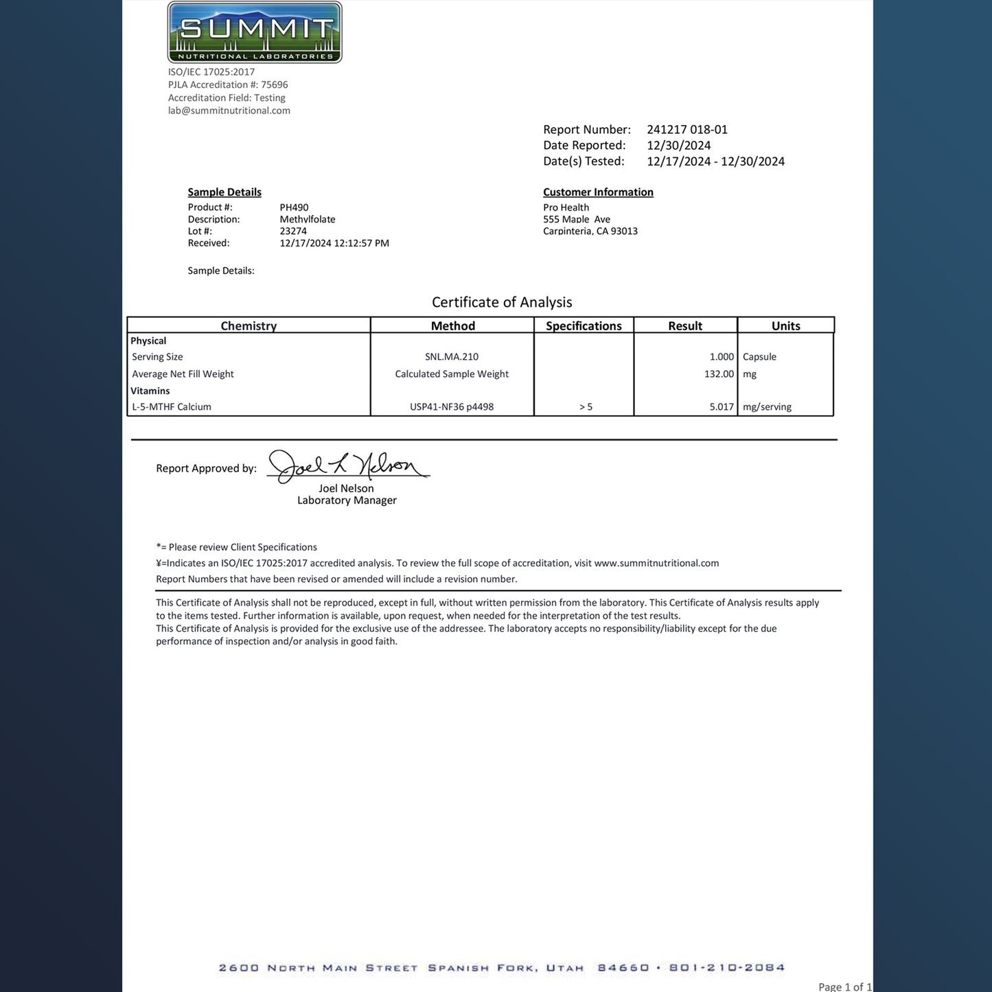Methylfolate - 5 mg Cetificate of Analysis