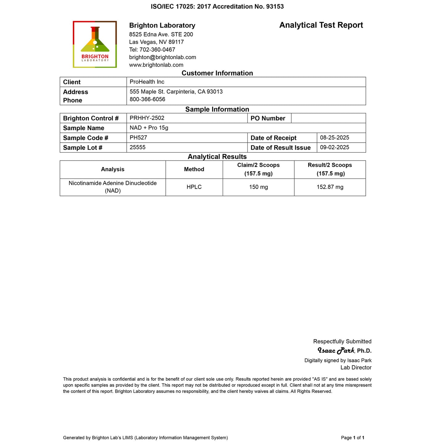 NAD+ Pro Powder Certificate of Analysis