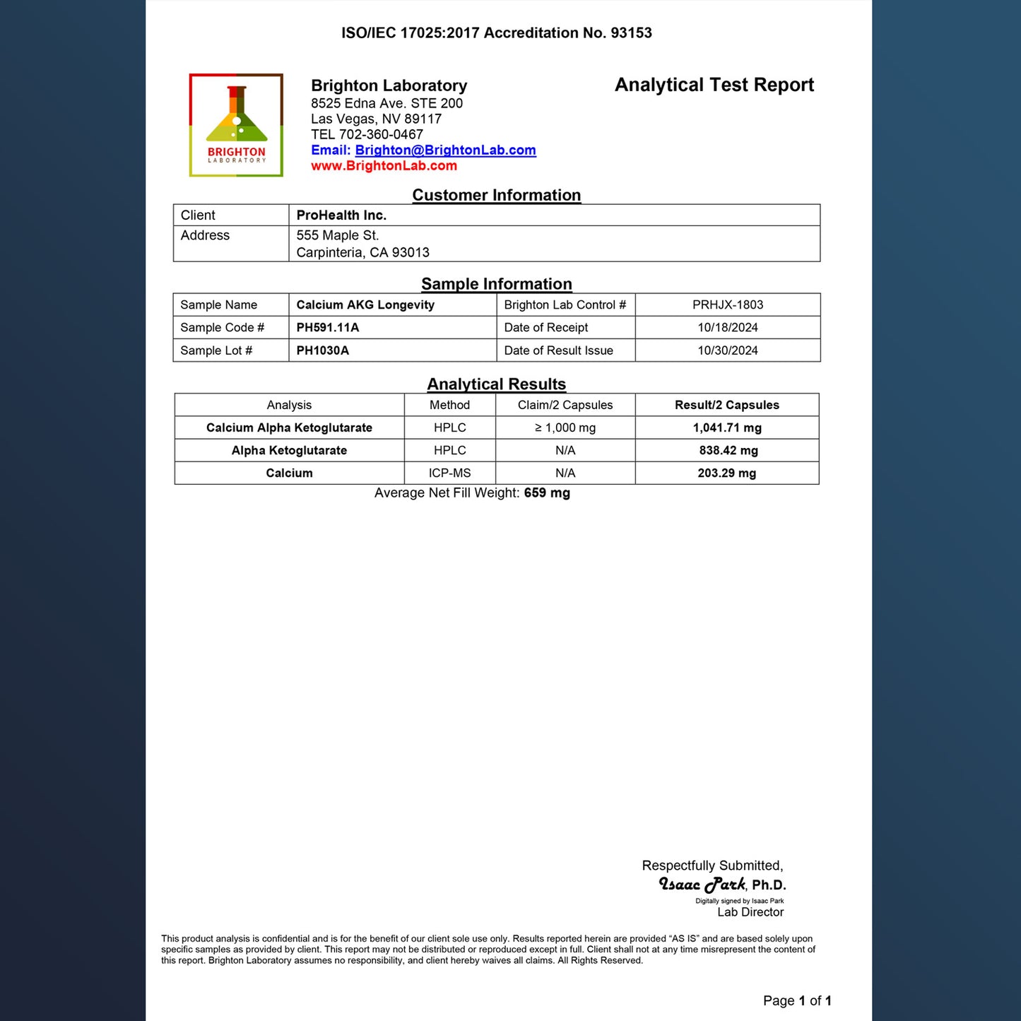 Calcium AKG Longevity Certificate of Analysis