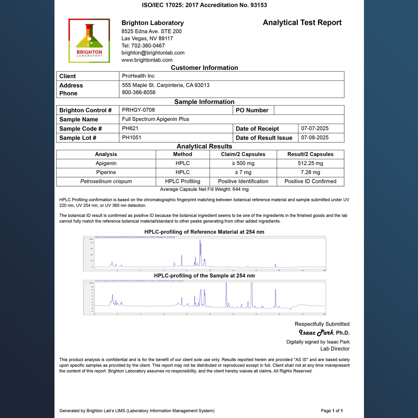 Full Spectrum Apigenin Plus Certificate of Analysis