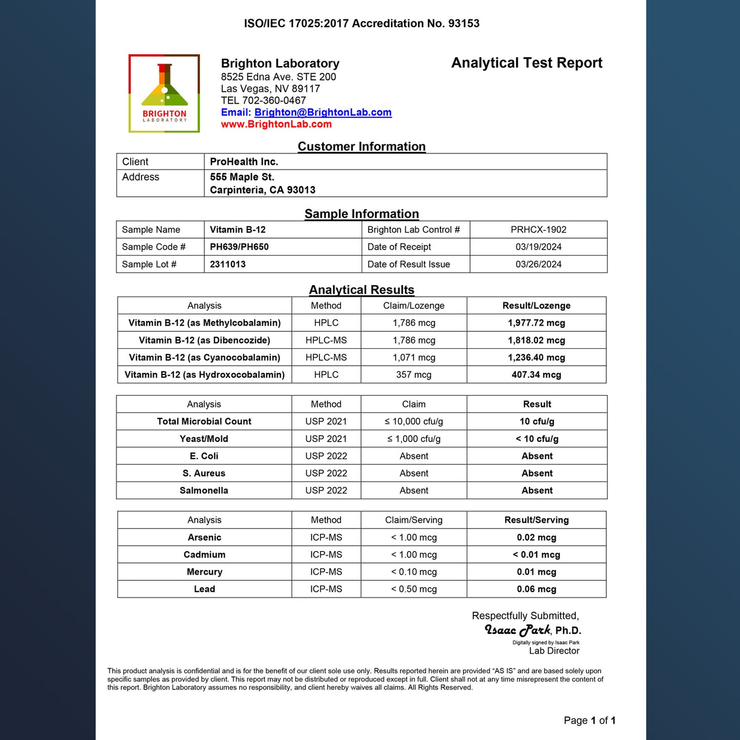 Vitamin B-12 5000 mcg 120 lozenges Certificate of Analysis