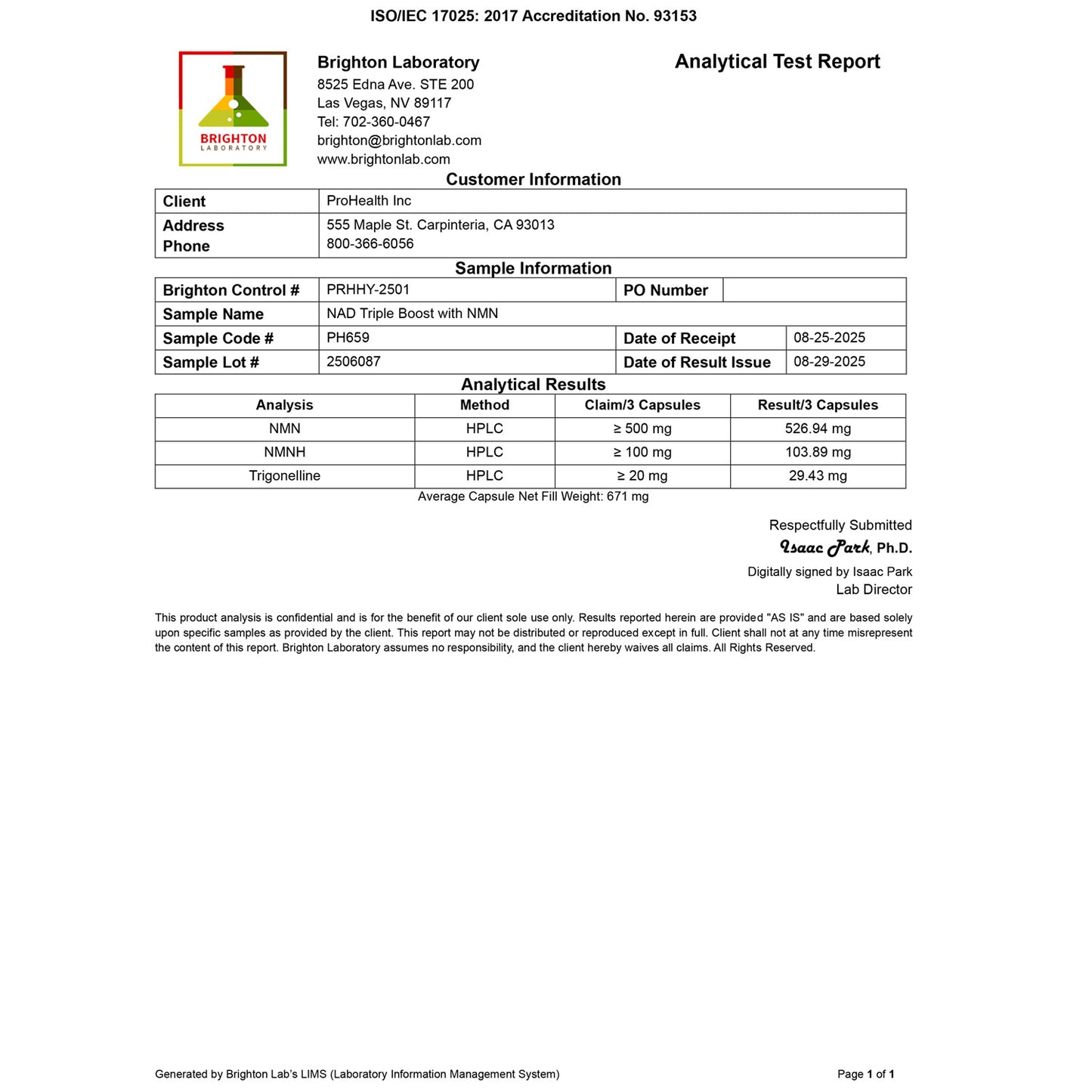 NAD+ Triple Boost  with NMN Product Certificate of Analysis