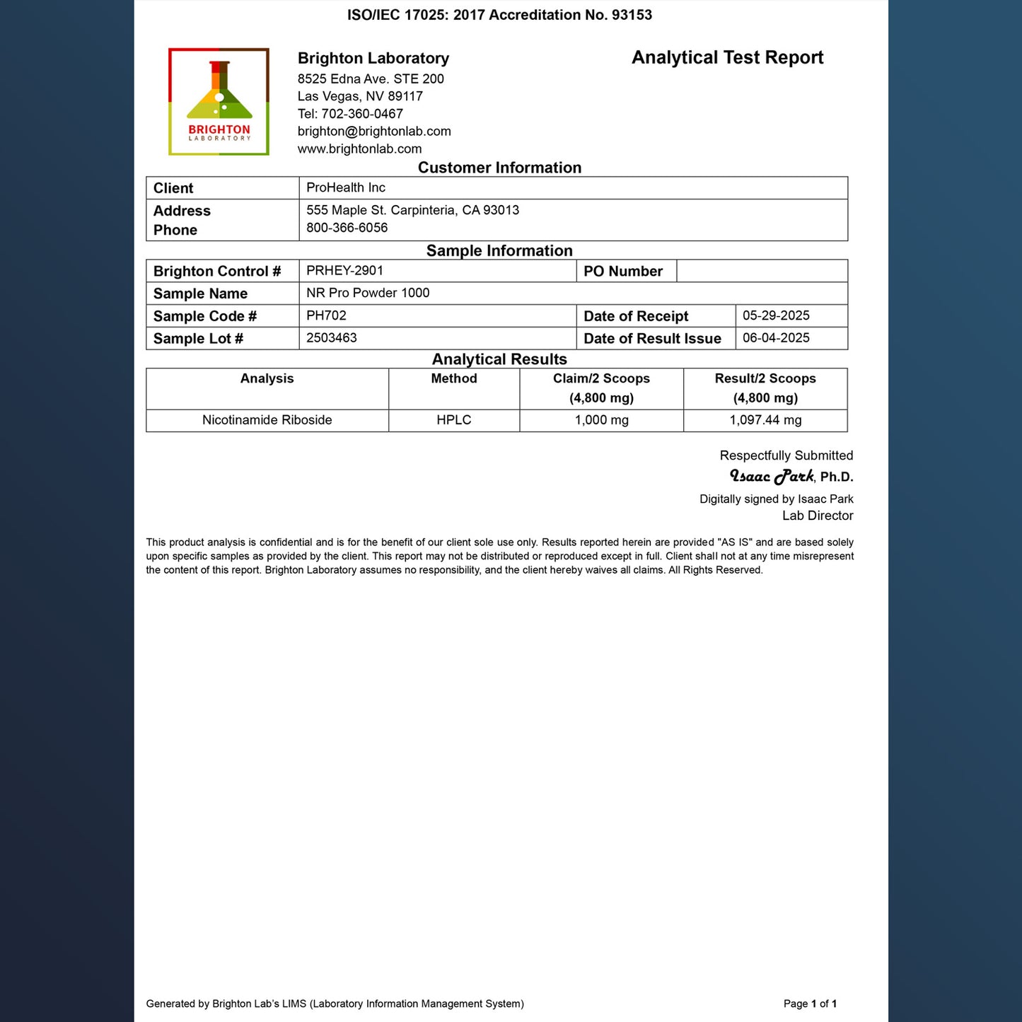 Nicotinamide Riboside Hydrogen Malate Powder Certificate of Analysis