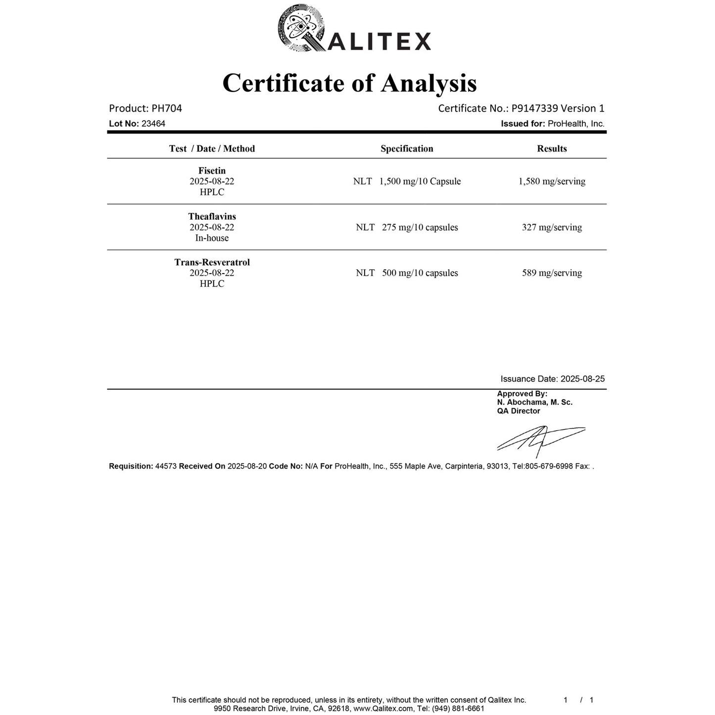 Rapid Reset Multi Senolytic Certificate of Analysis