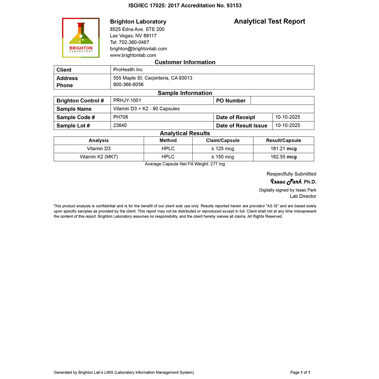 Vitamin D3 + K2 Certificate of Analysis