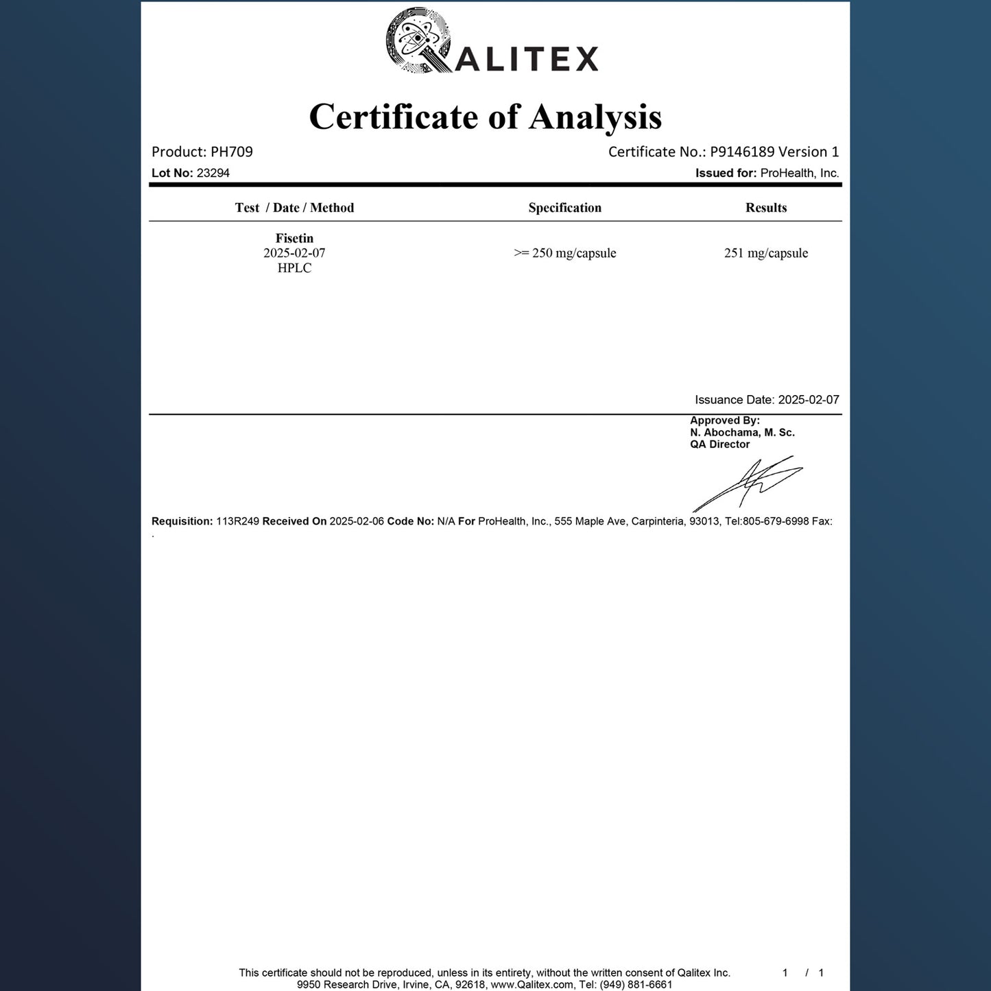 Pure Fisetin Certificate of Analysis