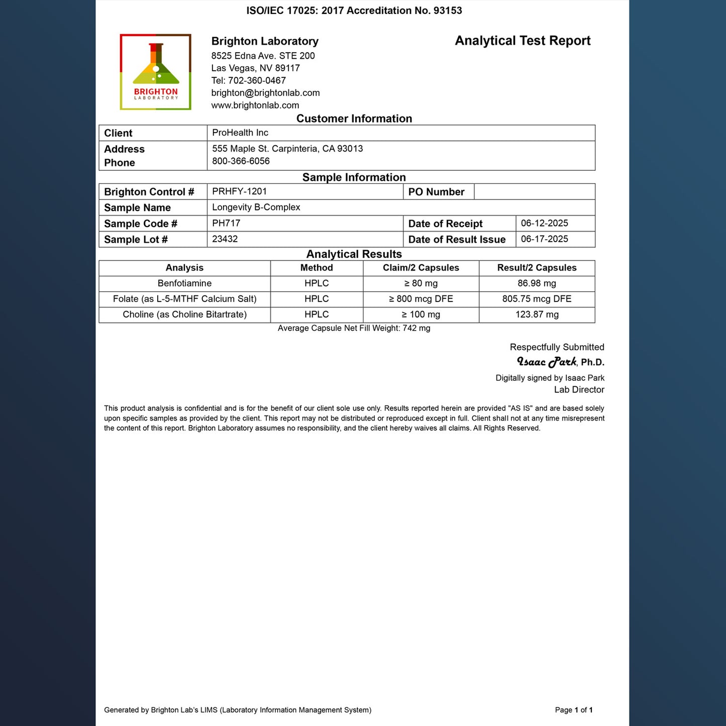 Longevity B-Complex Certificate of Analysis