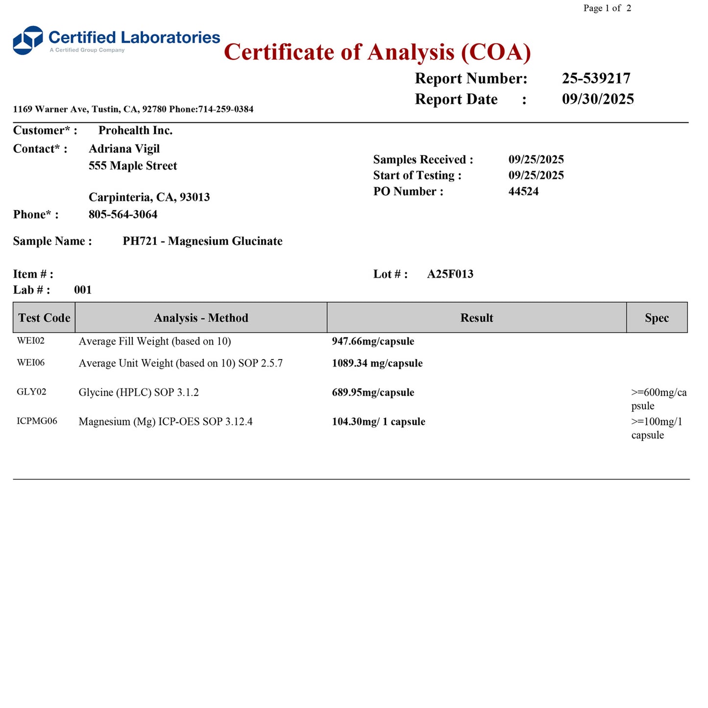 Magnesium Glycinate Certificate of Analysis Page 1