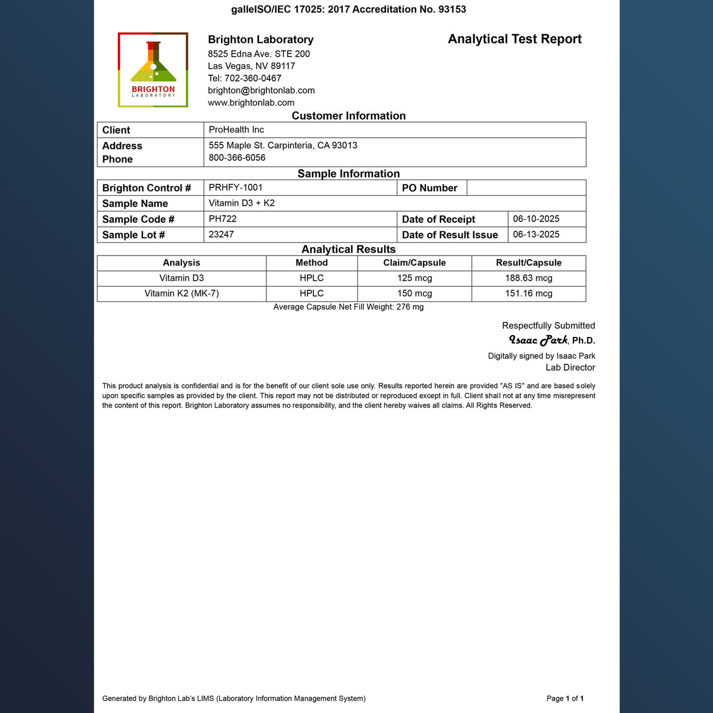Vitamin D3 + K2 5,000 IU, 30 capsules Certificate of Analysis