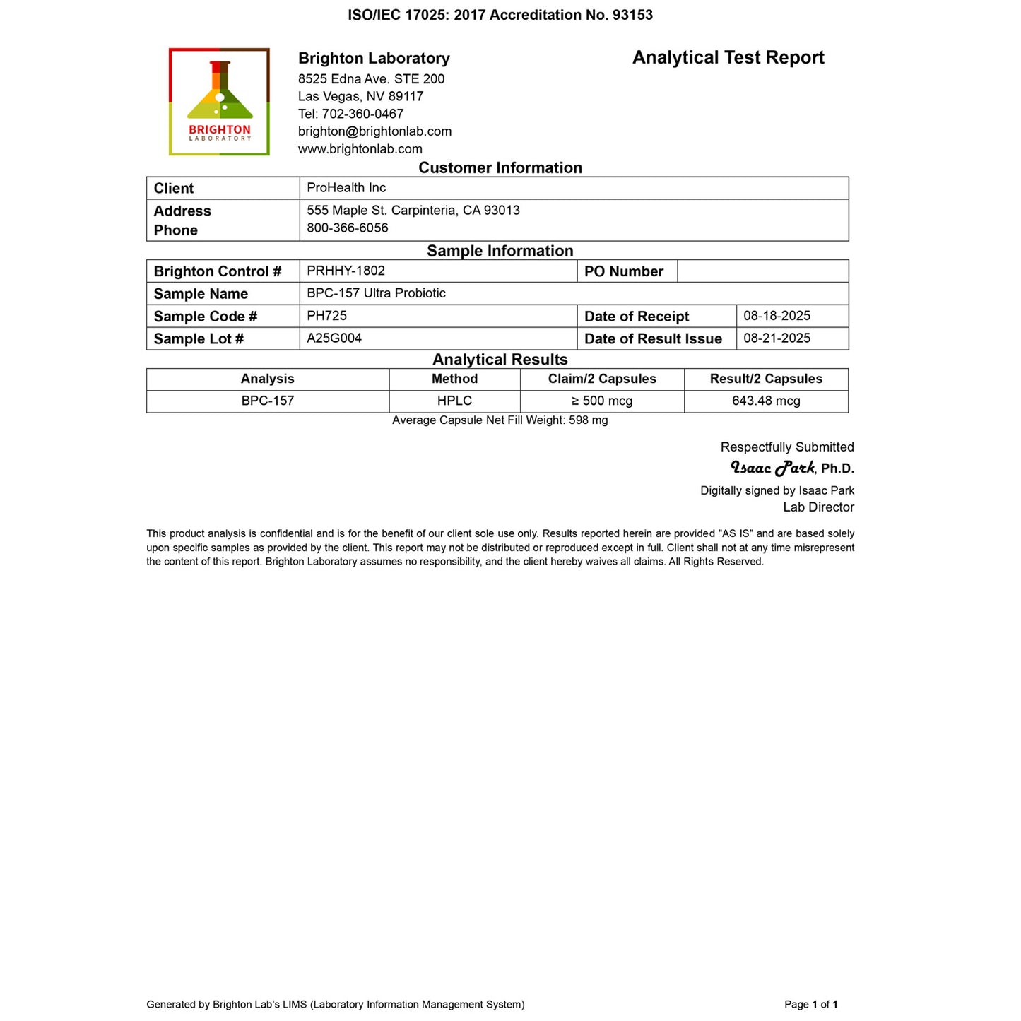 BPC-157 Ultra Probiotic Certificate of Analysis_1