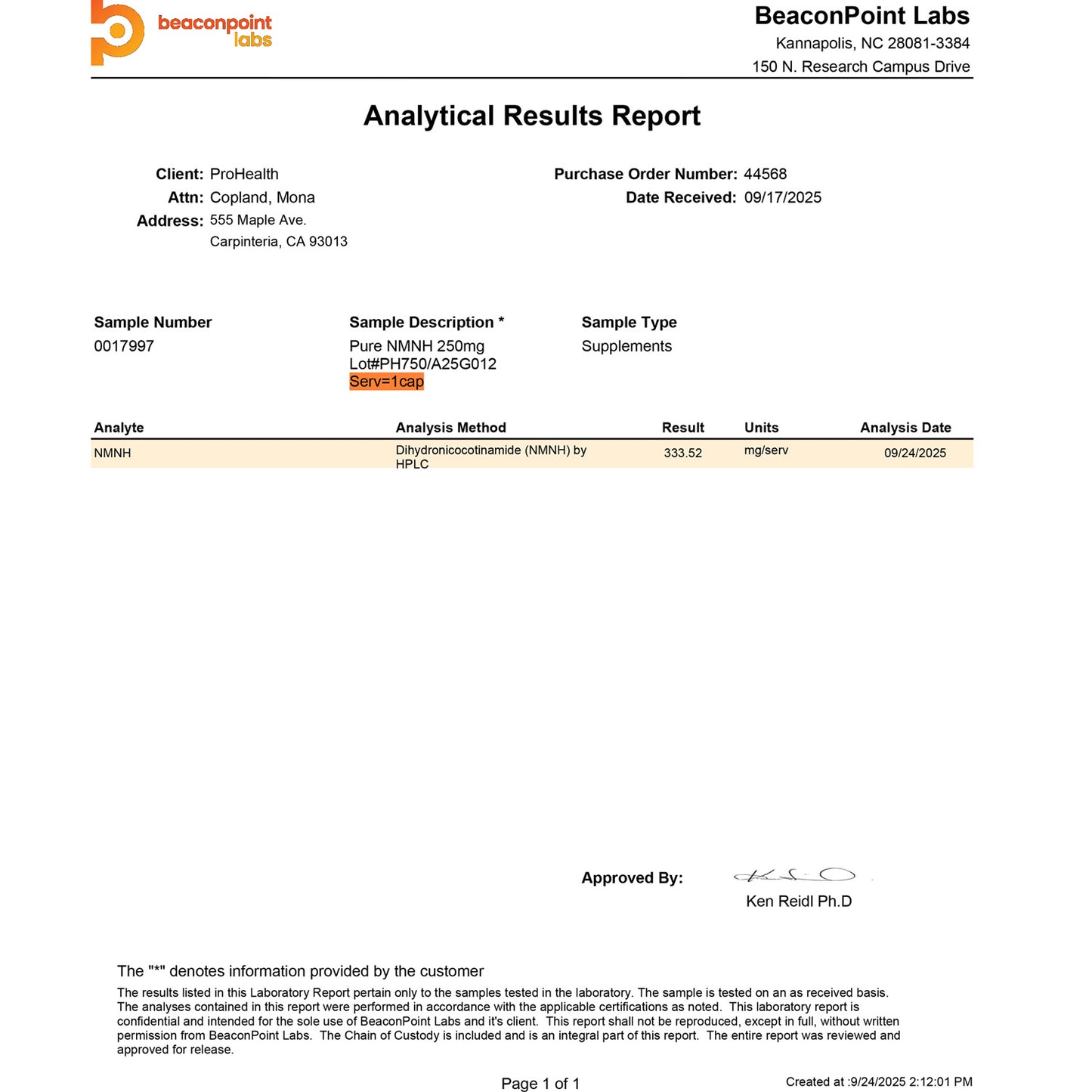 Pure NMNH 250 mg Certificate of Analysis