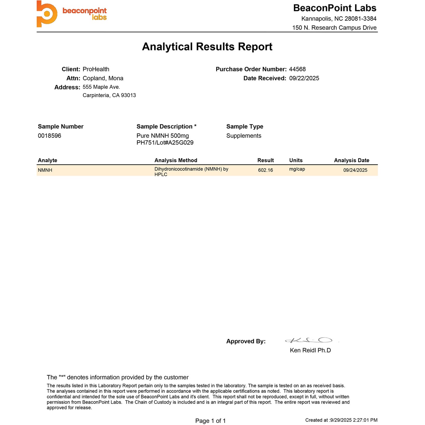 Pure NMNH 500 mg Certificate of Analysis