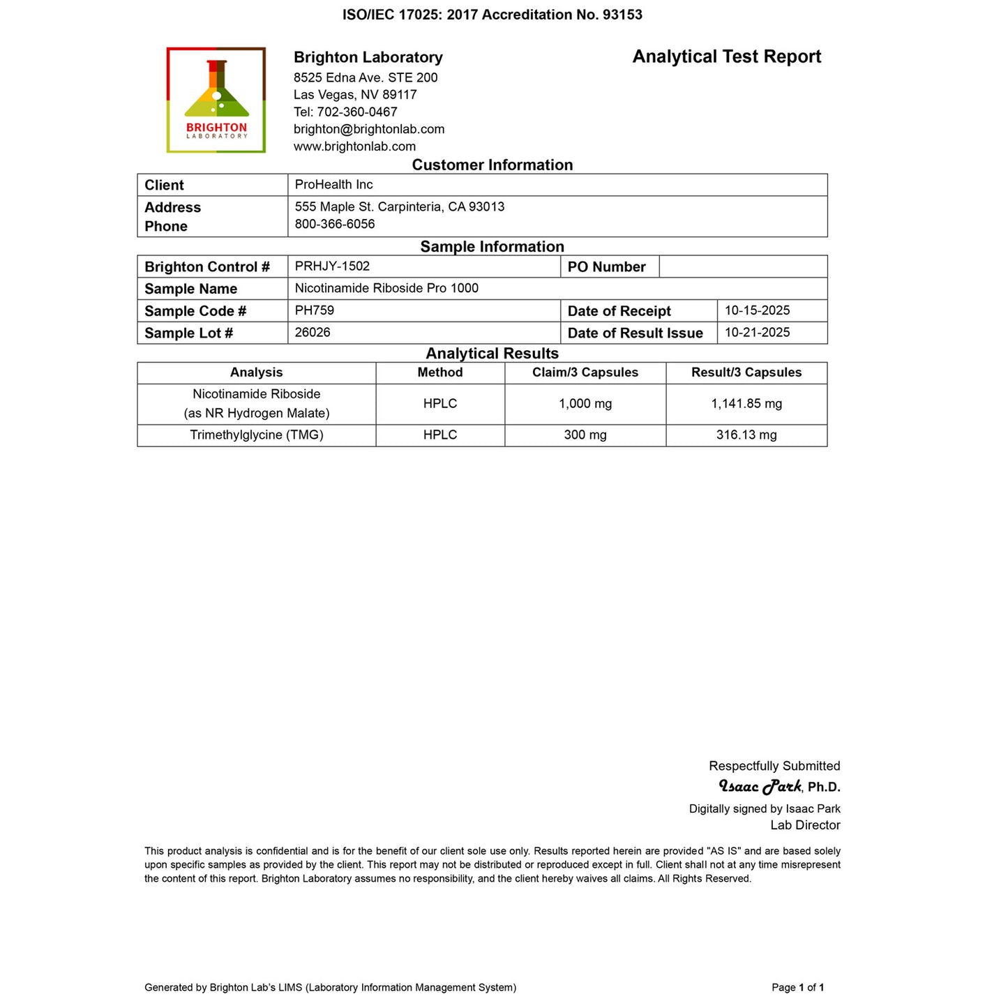 NR Pro 1000 90 capsules Certificate of Analysis