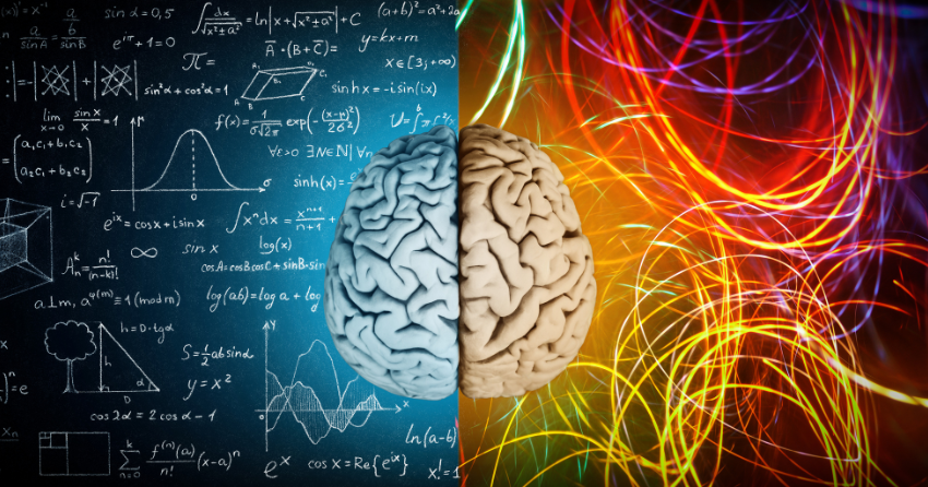 An image of a brain, the left side blue with equations on a blackboard, the right side red with creative light swirls, to depict the cognitive benefits of creatine