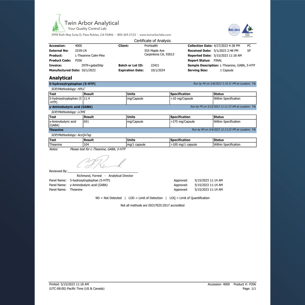 
                  
                    L-Theanine Calm-Plex With GABA And 5-HTP Certificate of Analysis
                  
                