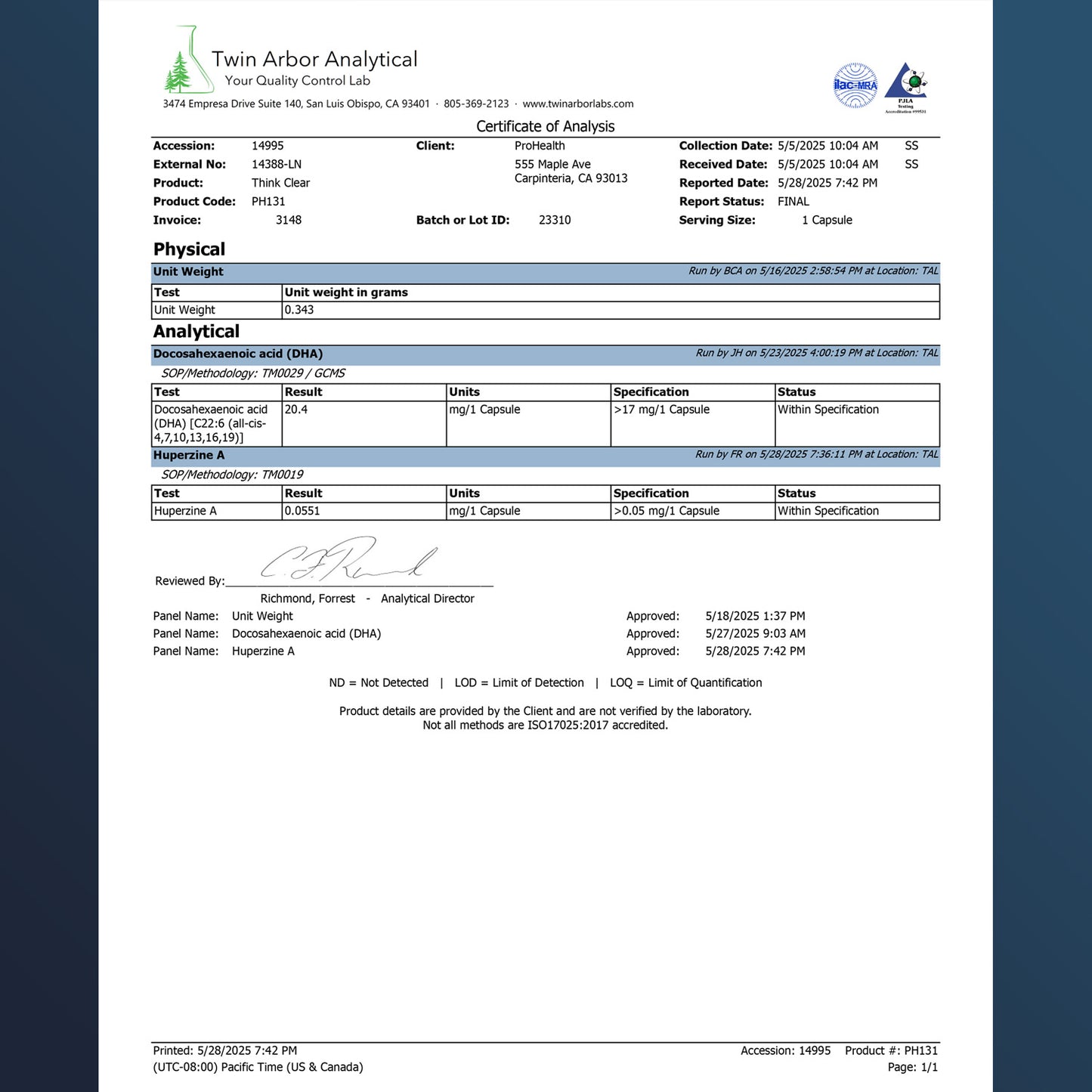 
                  
                    Think Clear™ Certificate of Analysis
                  
                