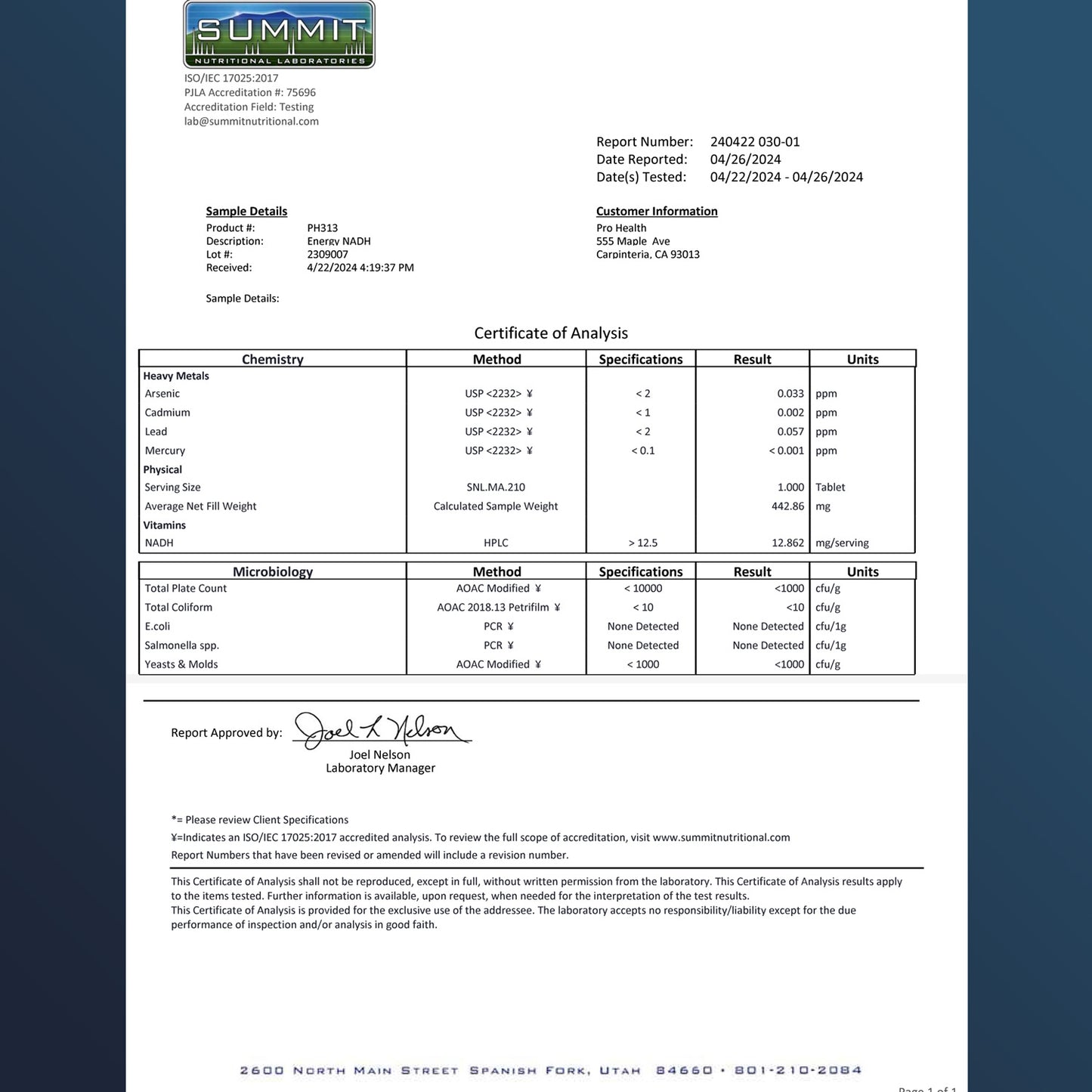 
                  
                    Energy NADH Nicotinamide Adenine Dinucleotide Certificate of Analysis
                  
                