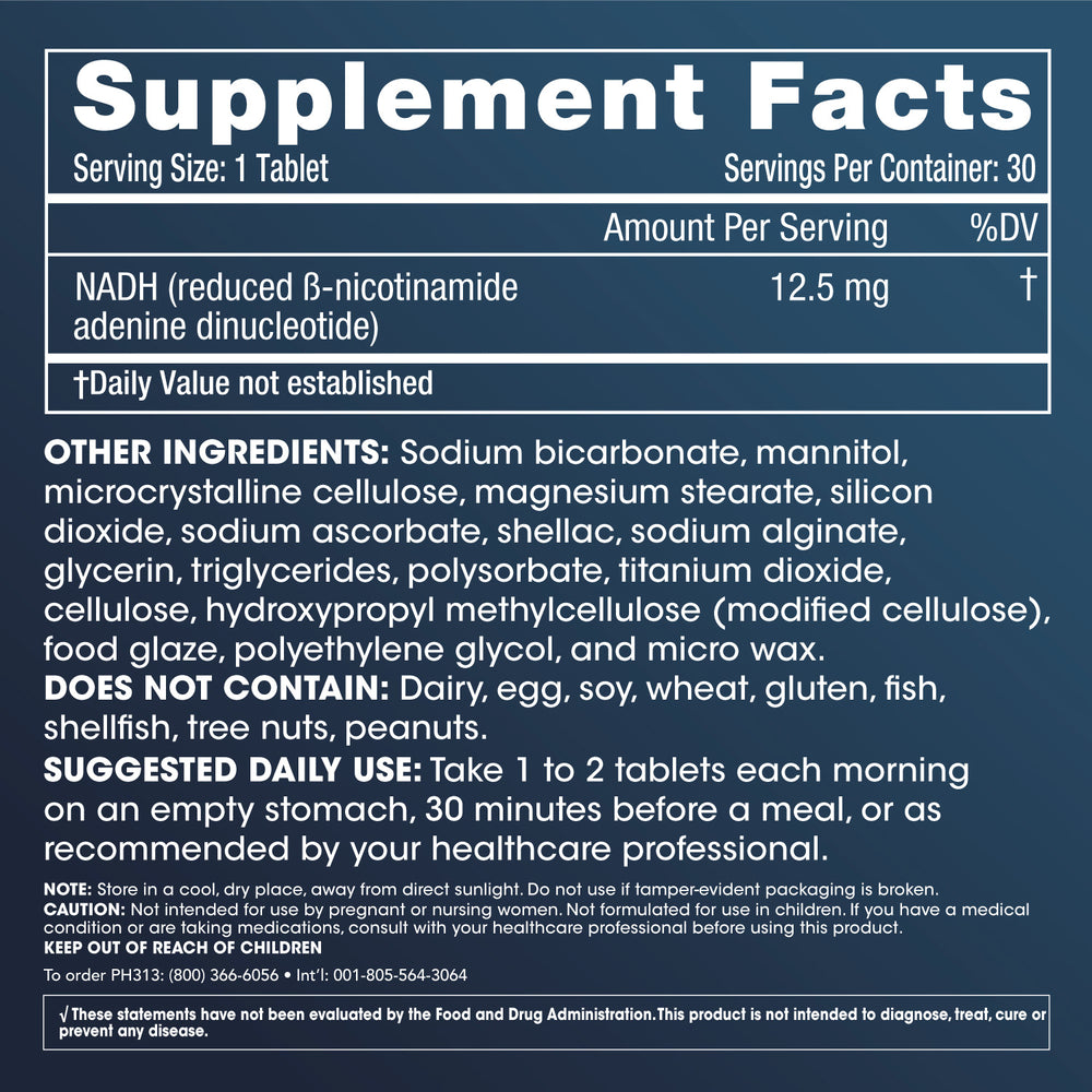 
                  
                    Energy NADH Nicotinamide Adenine Dinucleotide Supplement Facts and Label Information
                  
                