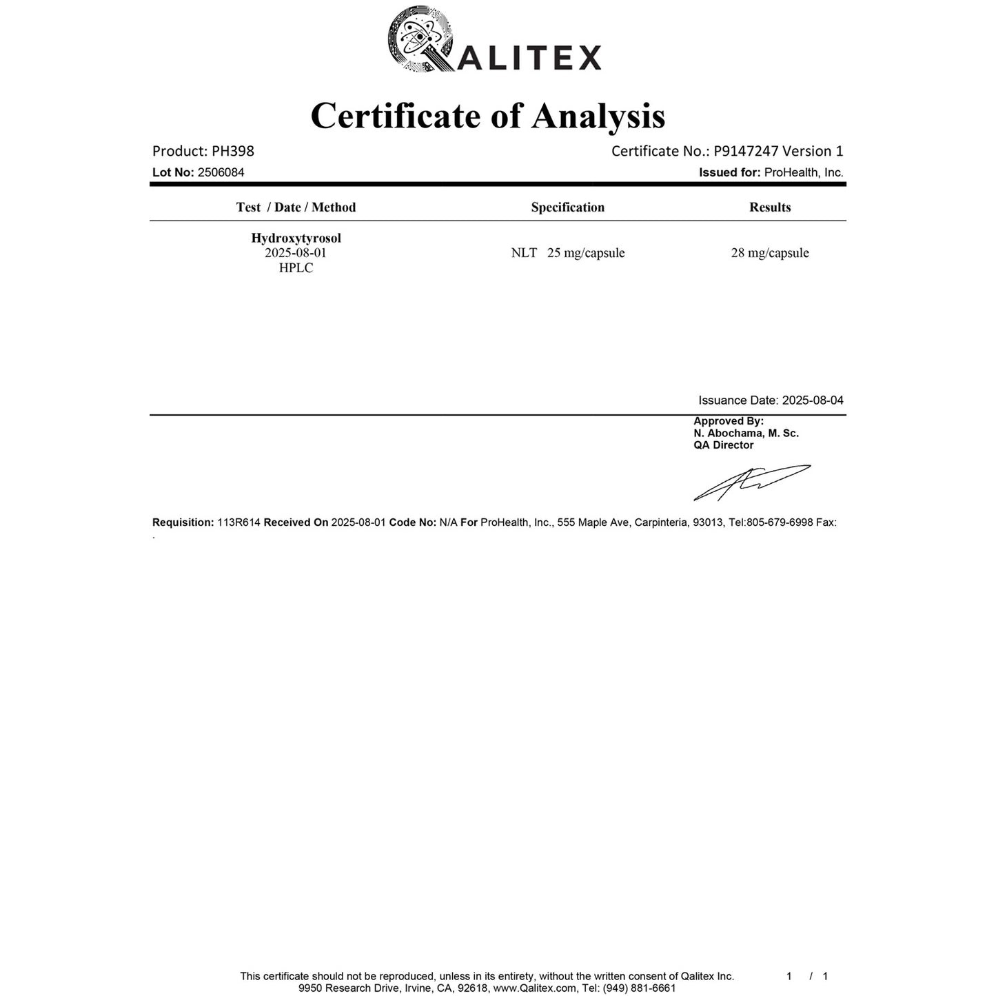 
                  
                    Hydroxytyrosol Extreme Certificate of Analysis
                  
                