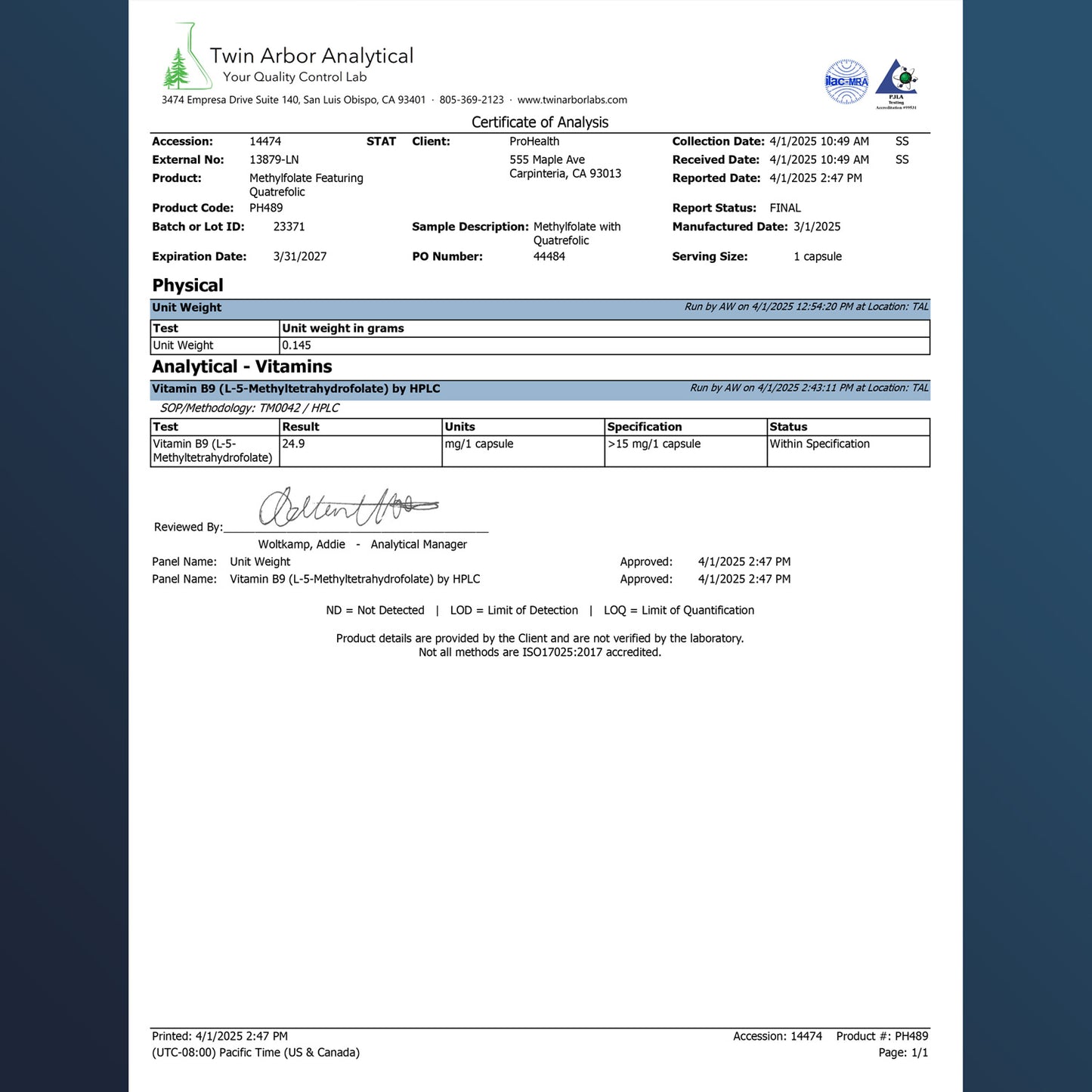 
                  
                    Methylfolate Featuring Quatrefolic 15 mg Certificate of Analysis
                  
                