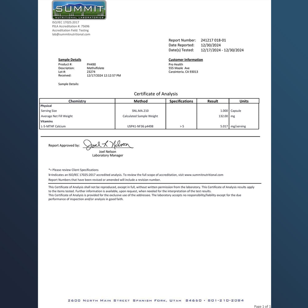
                  
                    Methylfolate - 5 mg Cetificate of Analysis
                  
                
