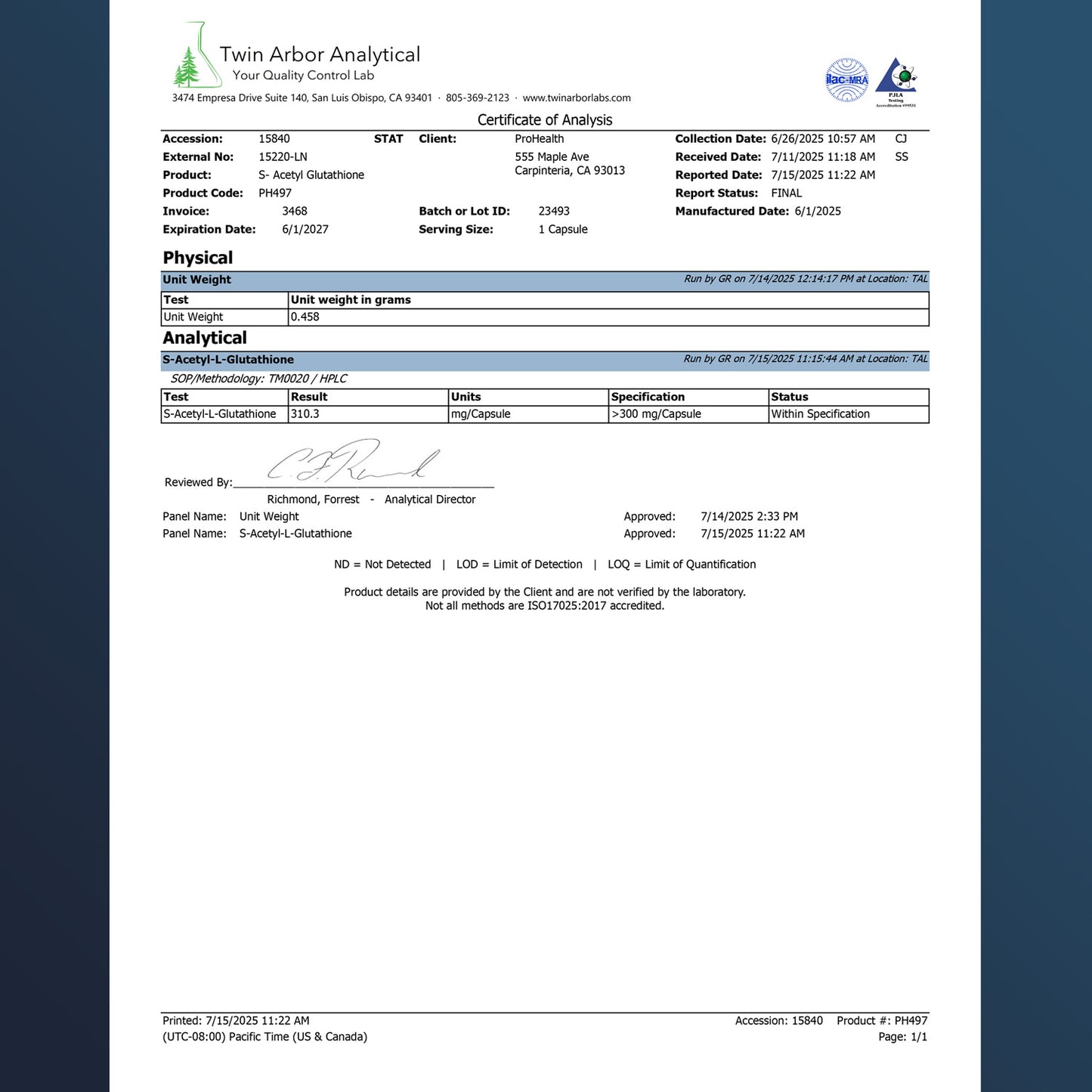 
                  
                    S-Acetyl Glutathione Certificate of Analysis
                  
                