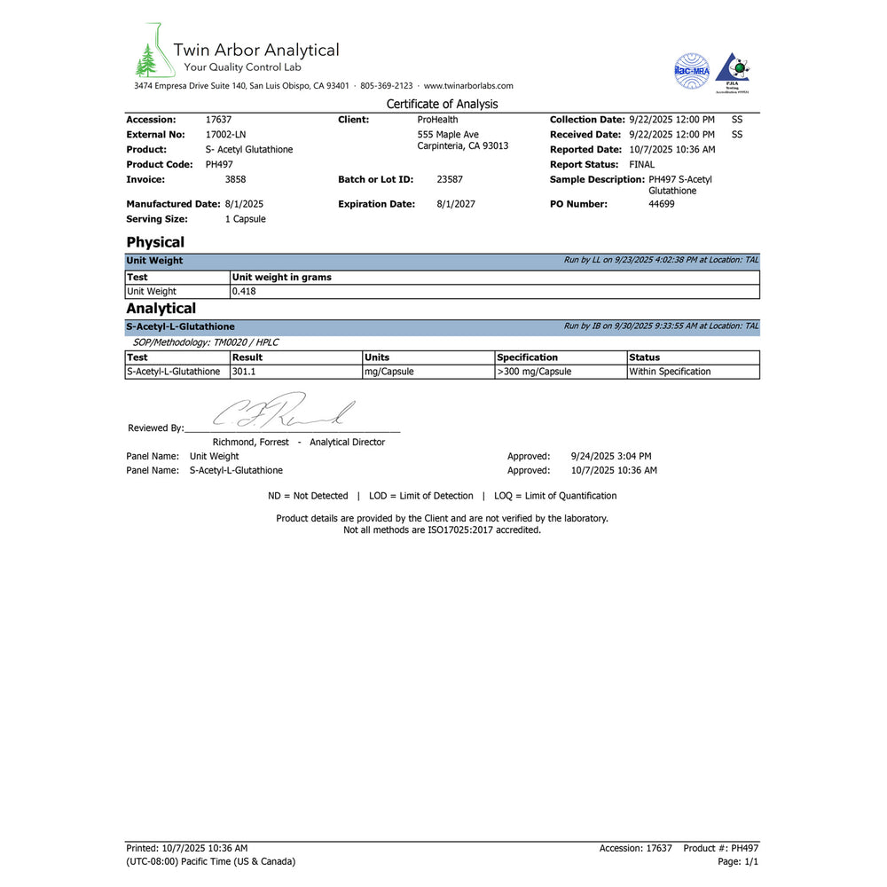 
                  
                    S-Acetyl Glutathione Certificate of Analysis
                  
                