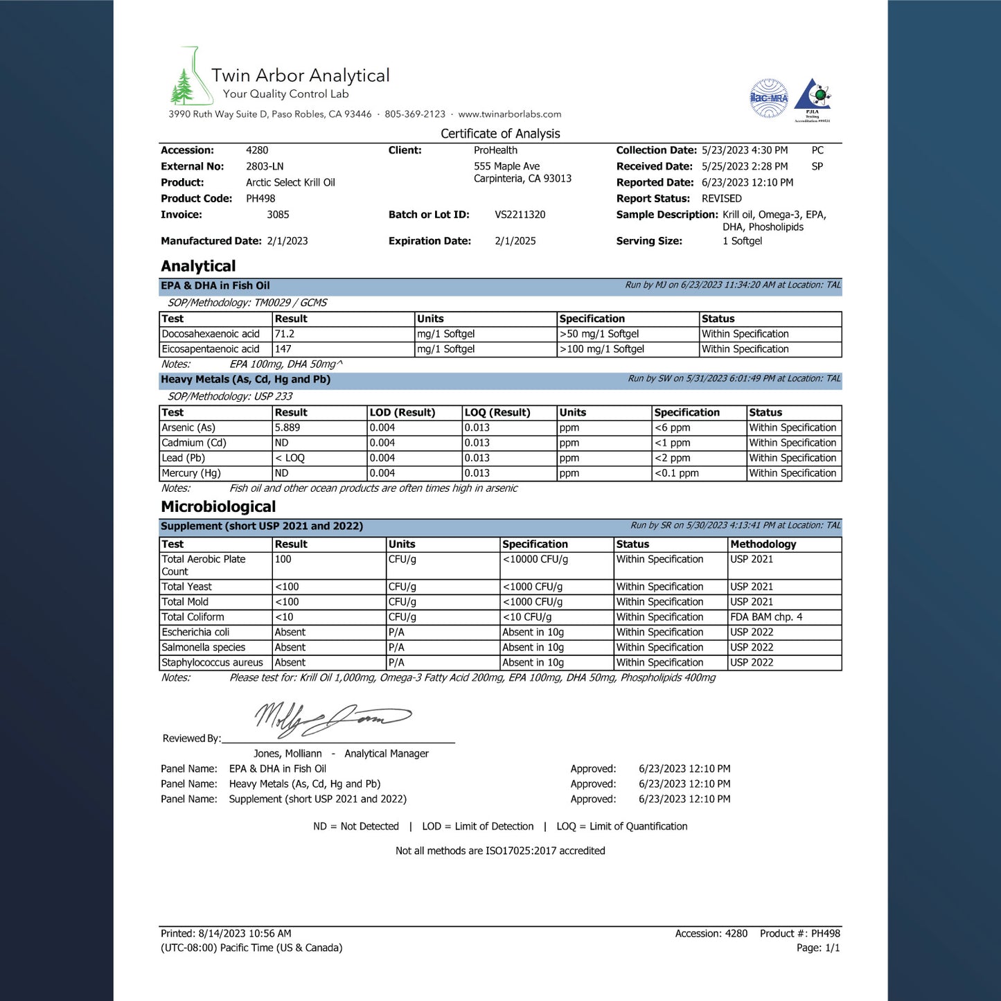 
                  
                    Certificat d'analyse de l'huile de krill Arctic Select
                  
                