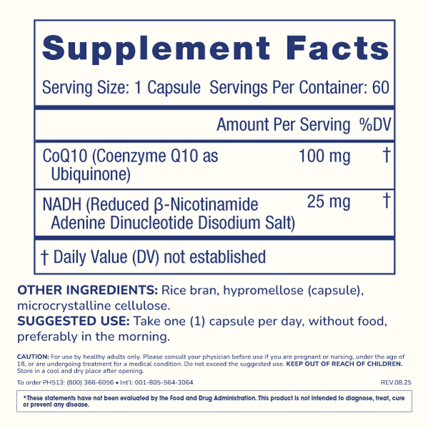 
                  
                    NADH + CoQ10 Supplement Facts and Label Information
                  
                