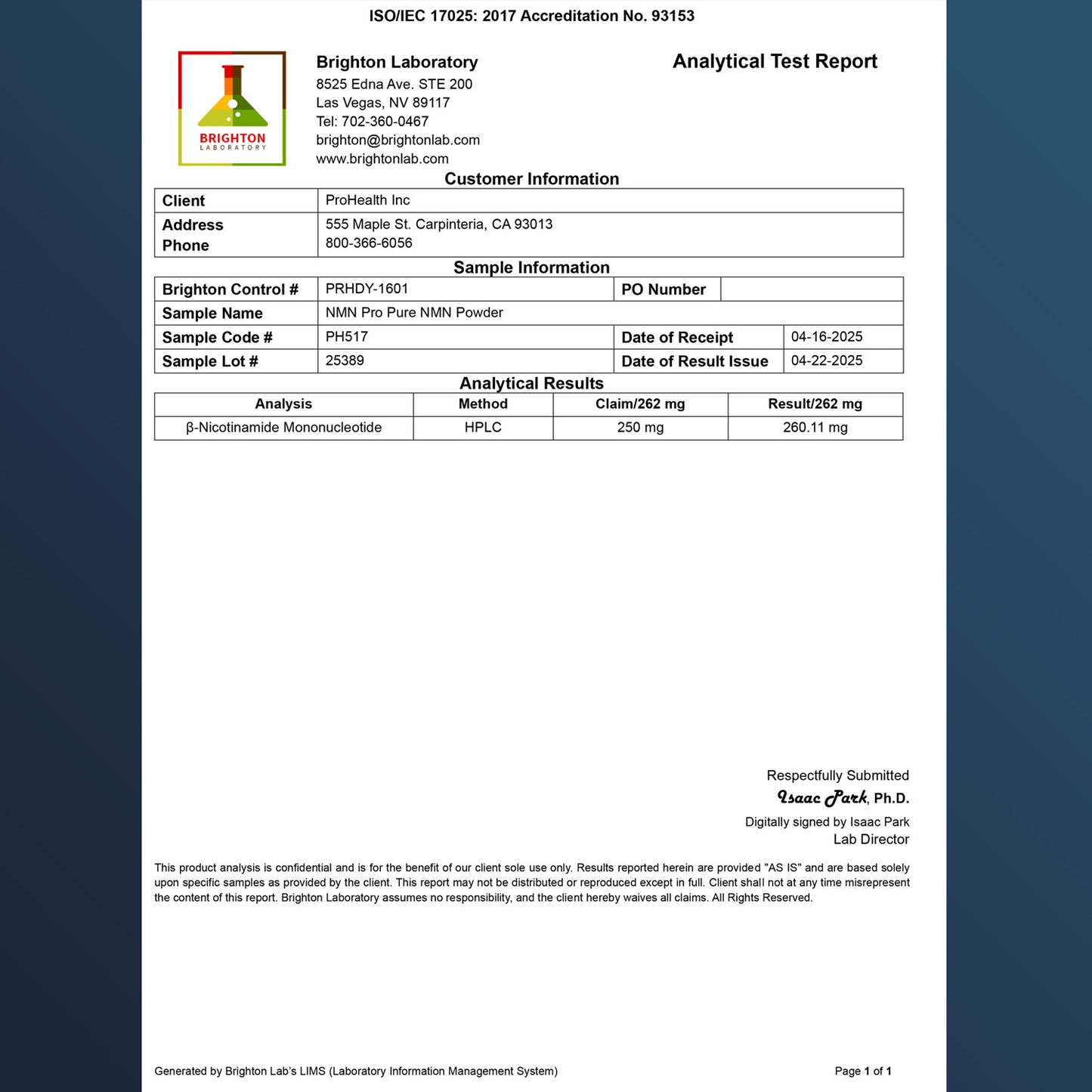 
                  
                    NMN Pro™ Powder Certificate of Analysis
                  
                
