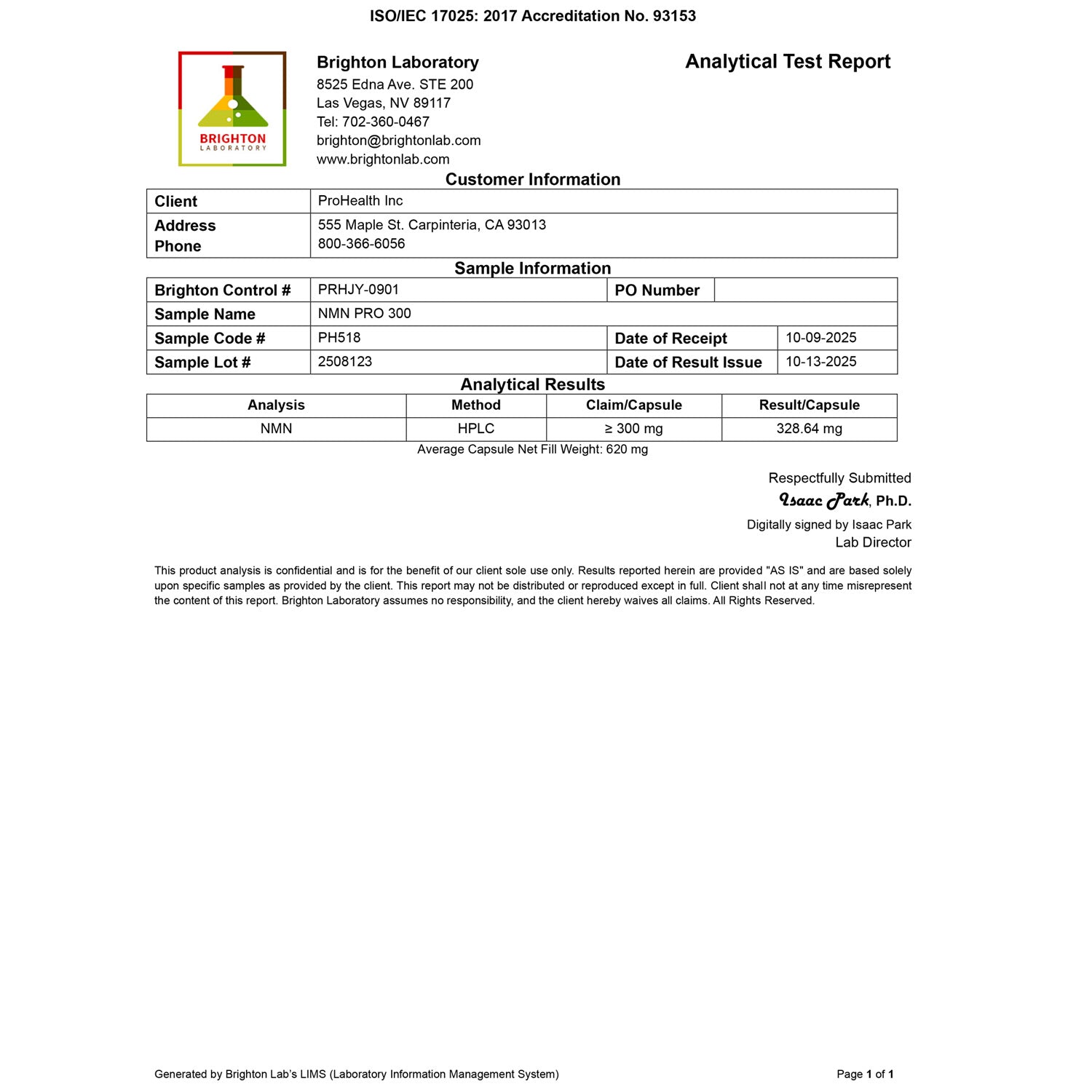 NMN Pro 300 Certificate of Analysis