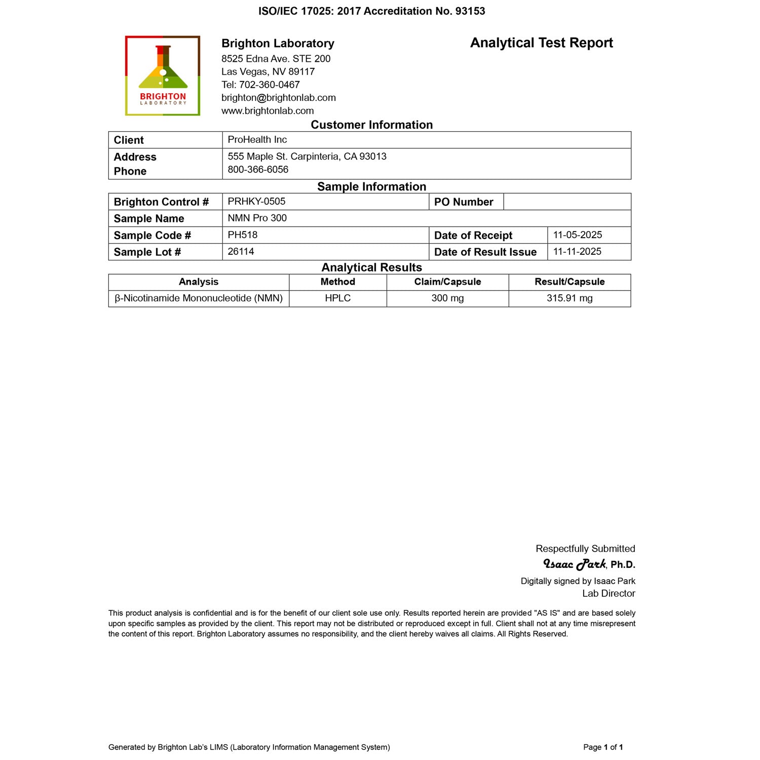 NMN Pro 300 Certificate of Analysis