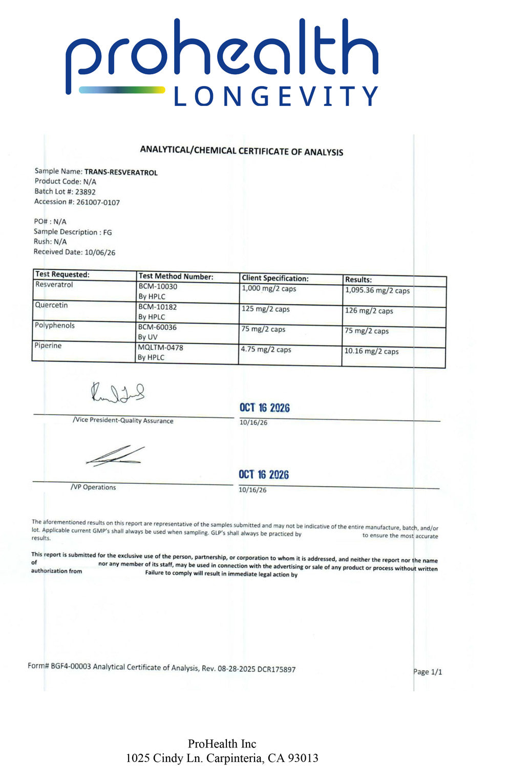 Trans-Resveratrol Plus Certificate of Analysis