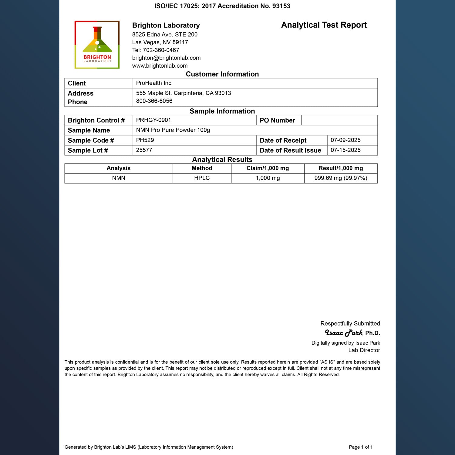 NMN Pro™ Powder Certificate of Analysis