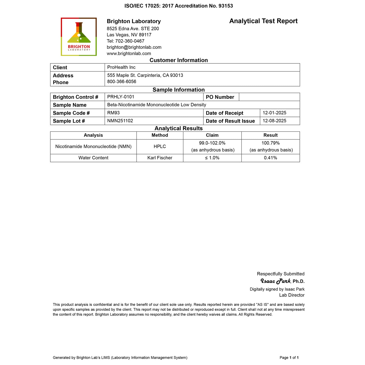 NMN Pro™ Powder Certificate of Analysis