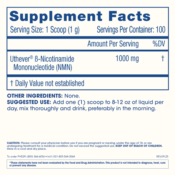 NMN Pro™ Powder 100 grams Supplement Facts and Label Information