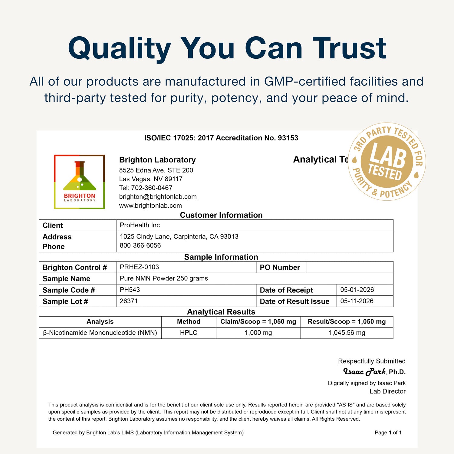 NMN Pro Pure NMN Powder Certificate of Analysis