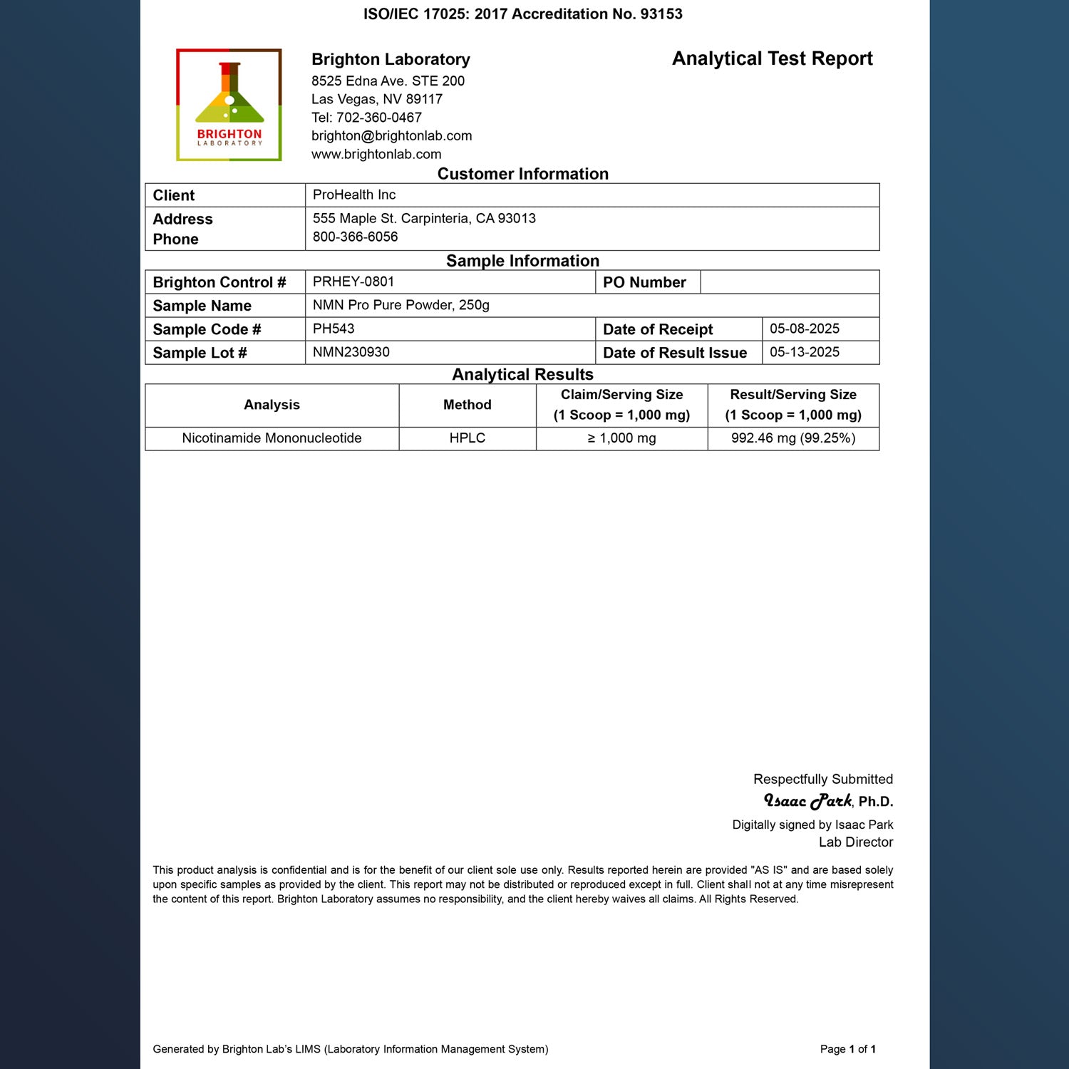 NMN Pro Pure NMN Powder Certificate of Analysis
