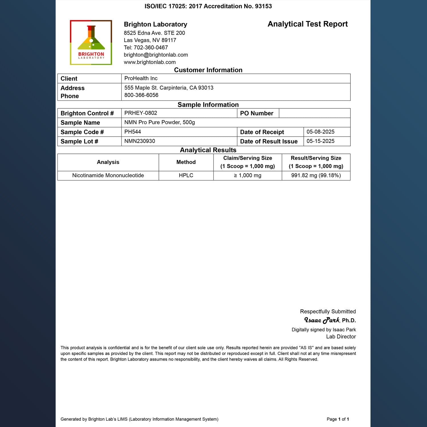 NMN Pro Powder 500 grams Certificate of Analysis