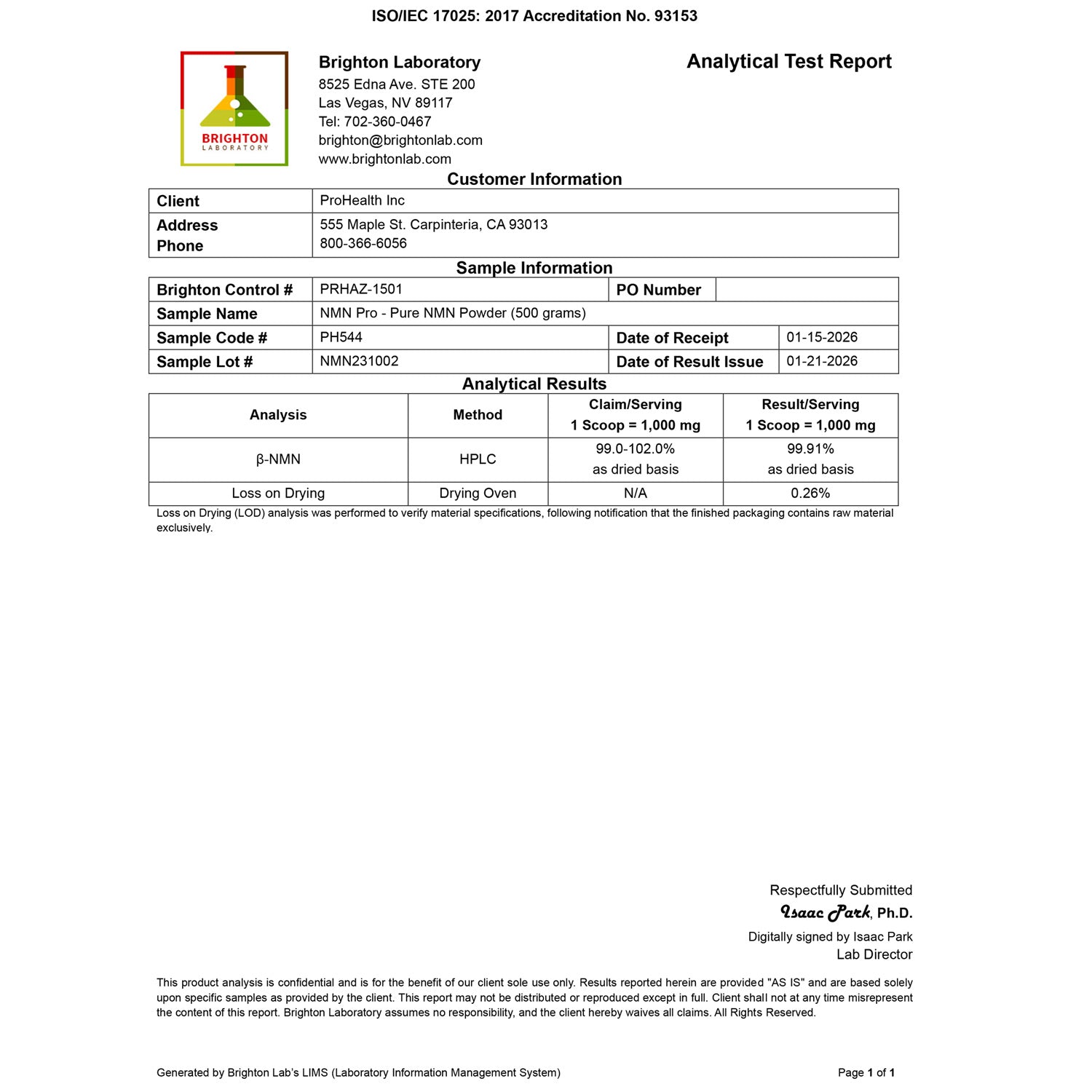 NMN Pro Powder 500 grams Certificate of Analysis