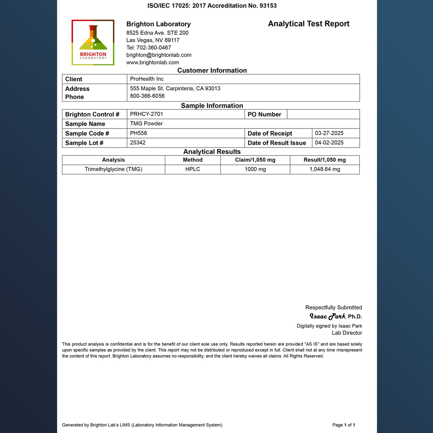 
                  
                    TMG Pro Powder Certificate of Analysis
                  
                