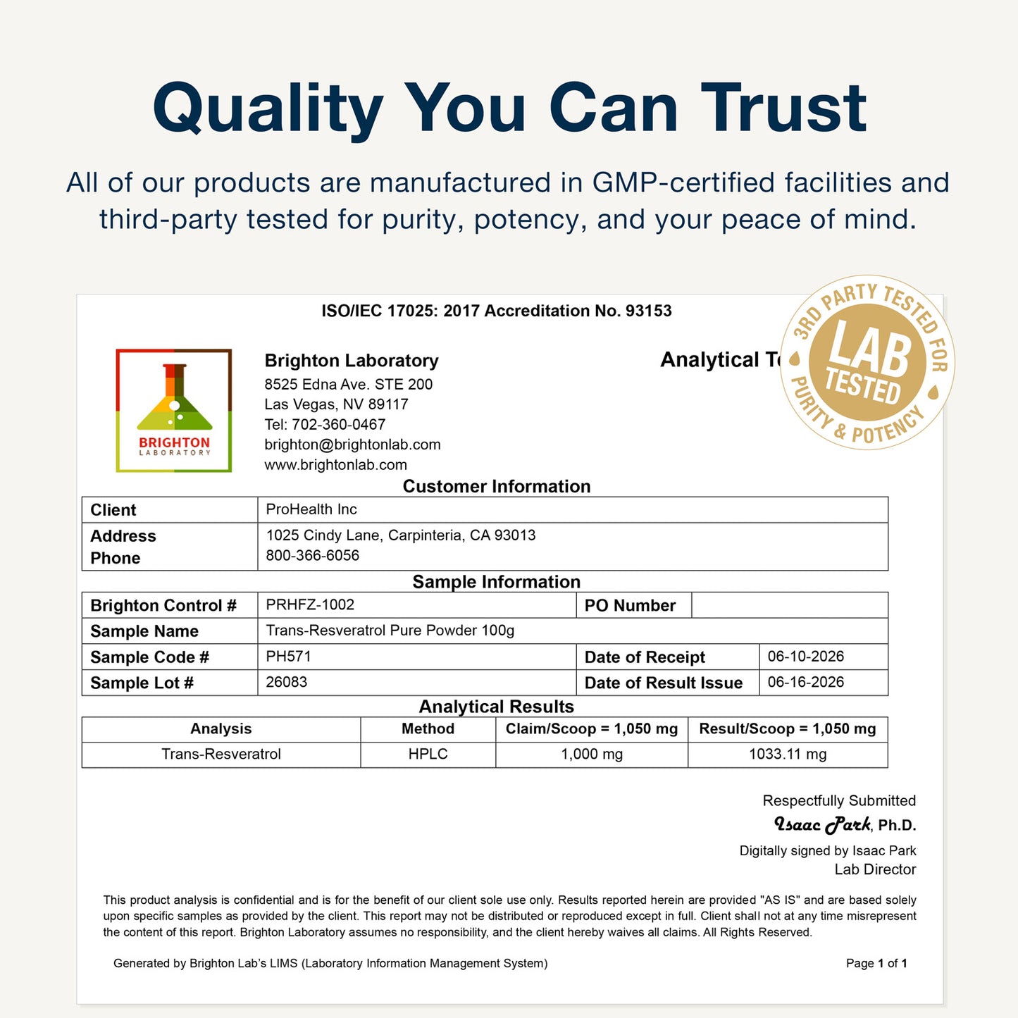 
                  
                    Bulk Micronized Trans-Resveratrol Powder Certificate of Analysis
                  
                