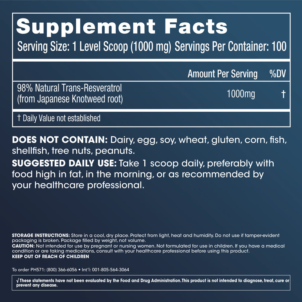 
                  
                    Bulk Micronized Trans-Resveratrol Powder 100 grams Supplement Facts and Label Information
                  
                