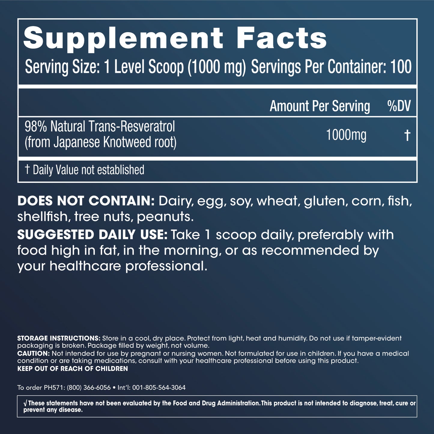 
                  
                    Bulk Micronized Trans-Resveratrol Powder 100 grams Supplement Facts and Label Information
                  
                
