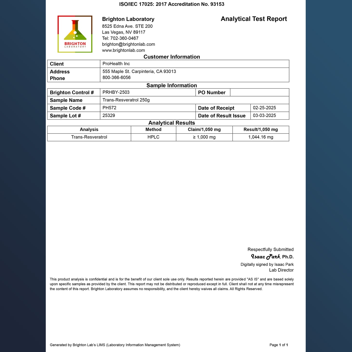 
                  
                    Trans-Resveratrol Pure Micronized Powder Certificate of Analysis
                  
                