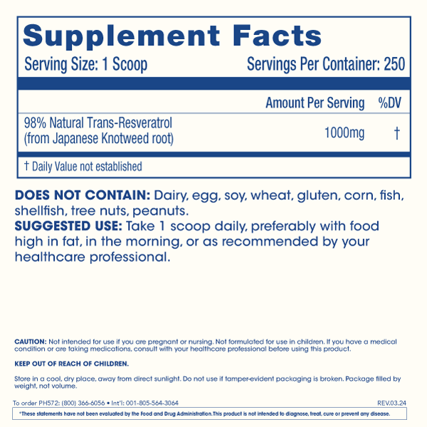 
                  
                    Trans-Resveratrol Pure Micronized Powder Supplement Facts and Label Information
                  
                