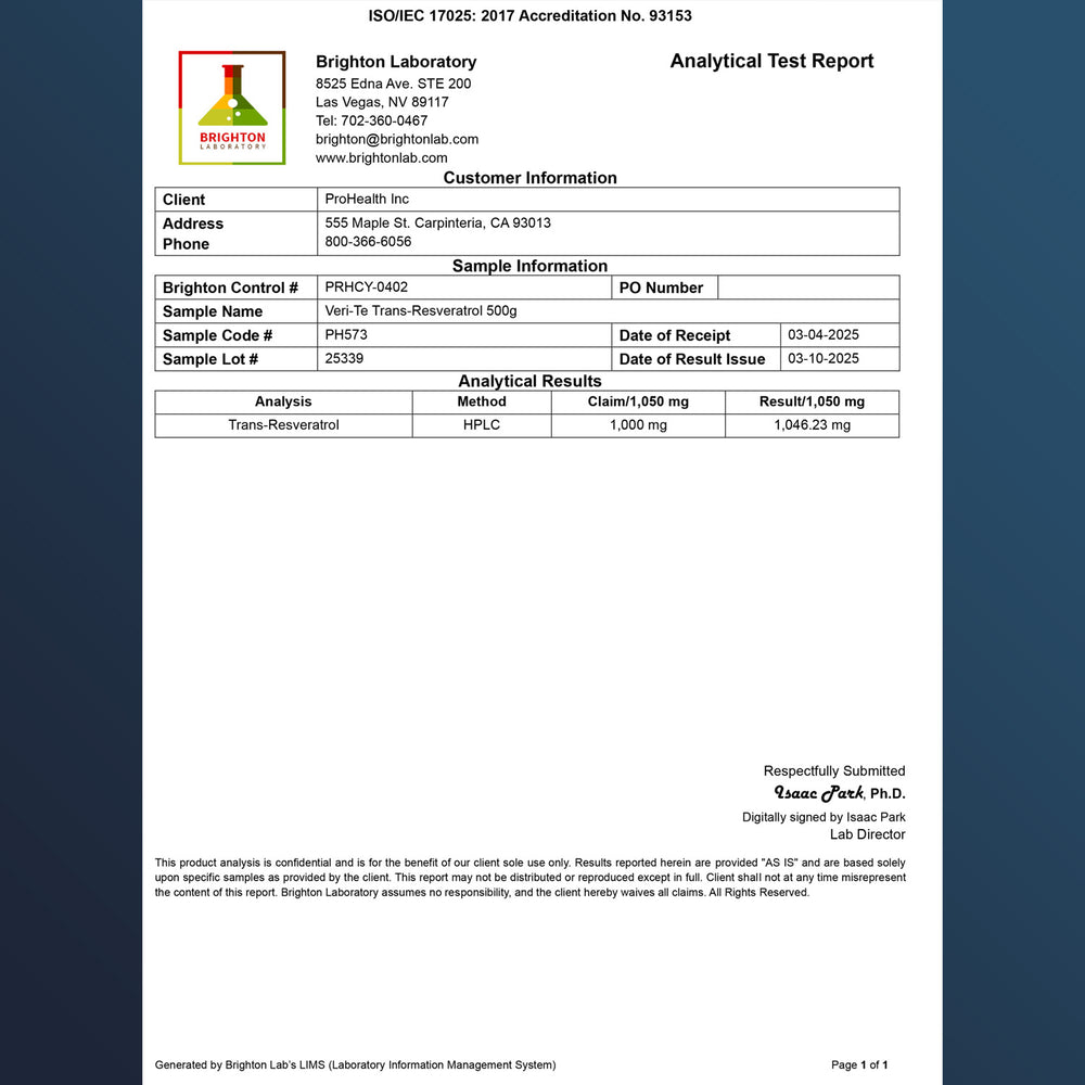 
                  
                    Bulk Micronized Trans-Resveratrol Powder Certificate of Analysis
                  
                